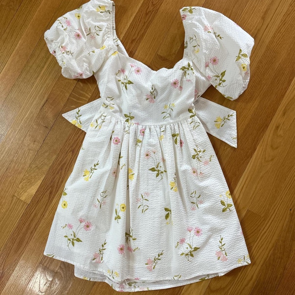 White Floral Puff-Sleeve Dress with Pink & Yellow Flowers